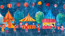 A Colorful Illustration Of A Night Fair With People, Tents, And Balloons.