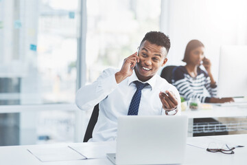 Canvas Print - Business man, phone call and funny joke in coworking office with web design networking and conversation. Happy, desk and startup with digital designer work and communication with tech at workplace