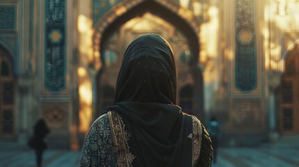 Wall Mural - muslim lady wearing hijab in front mosque ramadan theme