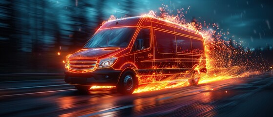 Wall Mural - White modern delivery small shipment cargo courier van engulfed in flames moving fast on motorway