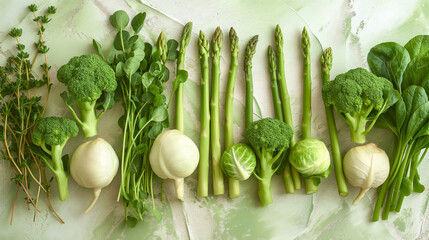 Wall Mural - Fresh Green Vegetables and Herbs Assortment on Pastel Background