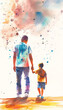 Happy father and son colorful illustration in watercolor effect - ai generative