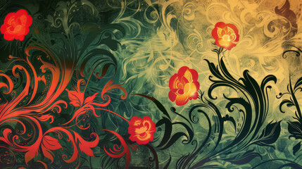 Wall Mural - Elegant floral pattern with vibrant red flowers and swirls
