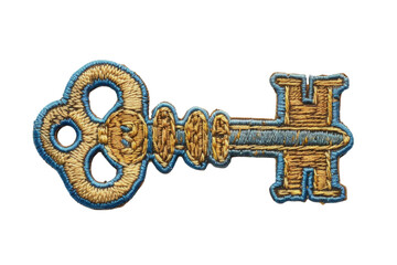 antique golden key embroidered patch isolated on transparent background. vintage and security concep