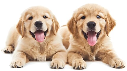 Wall Mural - Two Playful Golden Retriever Puppies Grinning Side by Side on White Background