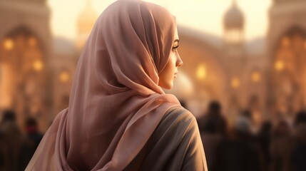 muslim lady wearing hijab in front mosque ramadan theme