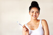 Smile, oral health and portrait of woman with toothbrush for morning hygiene routine in studio. Happy, clean and person with dental care product for plaque, gums and breath by white background mockup