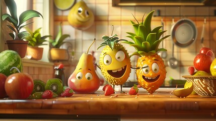 Illustrate a whimsical scene of anthropomorphic fruits engaging in culinary activities, rendered in a playful, cartoon style to convey the essence of fun and learning in the fruit cooking classes