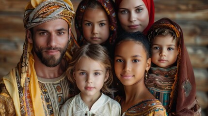 A middle eastern family wearing traditional clothing is posing for a portrait in a studio.