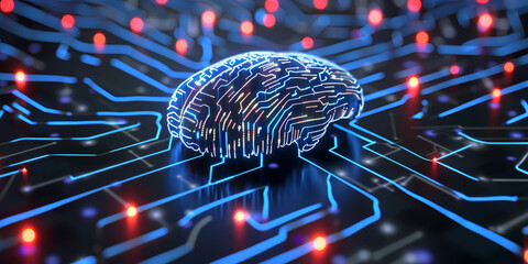 Wall Mural - neural circuit and electronic cyber brain in a quantum computing system, concept of artificial intel