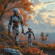 Futuristic fantasy: robot mom walking in the nature with cute robot child in a beautiful autumnal day