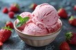 Strawberry ice cream in white bowl close up