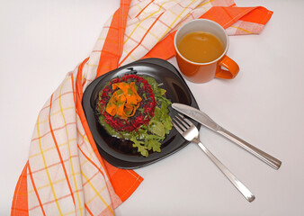 Wall Mural - Healthy Beetroot Carrots Arugula Salad Breakfast Served With Orange Juice in Mug