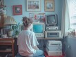Person sits surrounded by old-fashioned tvs and computers, evoking nostalgia