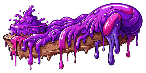Wall Mural - Bright purple slime oozes around the edge of the tree surface,dripping and pooling underneath.Its consistency appears dense and sticky,its glossy sheen suggesting a moist,shiny texture.AI generated.