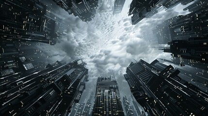 3d urban abstract background with dark sky and black buildings futuristic city panorama illustration. 