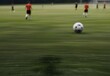 A sports field, with blurred soccer players in motion, blending into the grassy background, generative AI