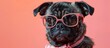 Black Pug Dog in Pink Glasses and Polka Dot Bow Tie on Pastel Background