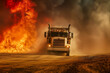 Truck maneuvering close to blaze along dusty trail