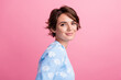 © deagreez - Profile photo of adorable satisfied glad lady empty space advert isolated on bright pink color background