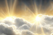 Celestial display of white and golden clouds with sunbeams breaking through. Concept of God light and spiritual hope. Sky background with clouds and rays of light.