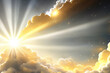 Celestial display of white and golden clouds with sunbeams breaking through. Concept of God light and spiritual hope. Sky background with clouds and rays of light.