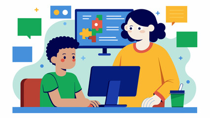 A person with autism engrossed in a computer coding and explaining the intricate details of computer programming to a curious bystander.. Vector illustration