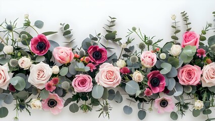 Wall Mural - Elegant Wedding Floral Arrangements Featuring Pink Roses, Anemones, and Eucalyptus on a White Background. Concept Wedding Floral Arrangements, Pink Roses, Anemones, Eucalyptus, White Background