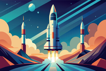 Wall Mural - a space rocket is launching into the sky with a backdrop of mountains