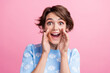 © deagreez - Portrait of positive impressed lady arms near open mouth communicate shout isolated on pink color background