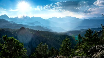 Wall Mural - Skyward Retreat: Discovering the Beauty of Forested Mountains. Seamless looping time-lapse virtual 4k video animation background