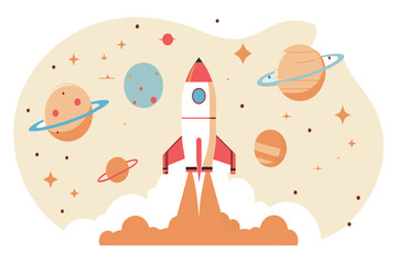 Wall Mural - rocket ascending amidst cartoon-style planets and stars