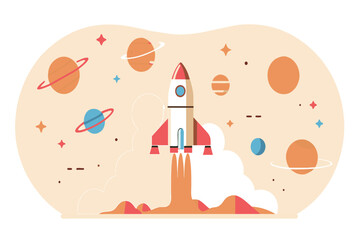 Wall Mural - colorful illustration of a rocket launching into a stylized space scene