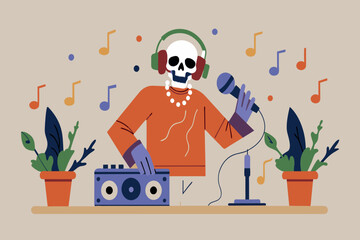 Animated skeleton enjoys deejaying and singing with music notes in the air