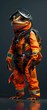 A salamander dressed in a custom fireproof suit, demonstrating fire safety in a vivid 3D illustration