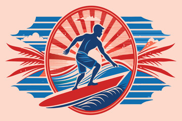 Wall Mural - A man is surfing on a surfboard with a red, white, and blue background