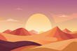 A desert landscape with mountains and a large sun in the sky