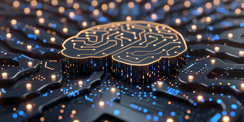 Wall Mural - neural circuit and electronic cyber brain in a quantum computing system, concept of artificial intel
