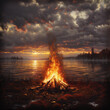 Glowing bonfire to warm the night on the border of a beautiful mountain lake landscape at sunset