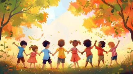 Children holding hands in a vibrant autumnal forest