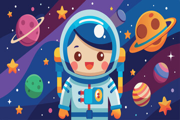 Wall Mural - A cartoon astronaut is standing in front of a colorful background of planets