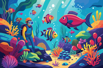 A colorful underwater scene with a man in a scuba suit looking at the fish