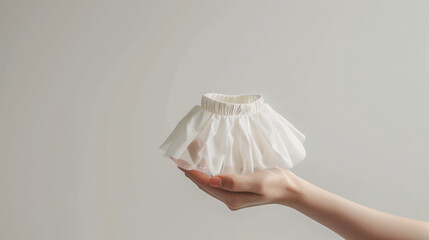 Wall Mural - Mockup of tiny clothes. A cute white mini skirt is held by a woman hands on a plain white background with copy-space for text suit for a fashion advertisement.