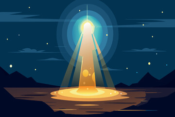 Wall Mural - a glowing yellow object is rising from the ground in a dark sky