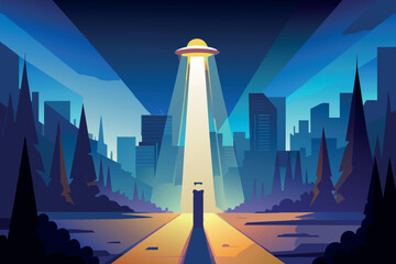 Wall Mural - A cityscape with a UFO in the sky