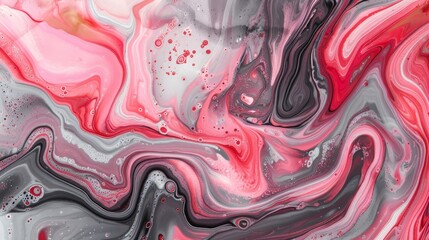 Wall Mural - Abstract fluid art background with pink and red and grey colors, flowing liquid paint texture. 