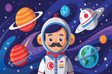 Wall Mural - a cartoon of a man in a spacesuit standing in front of a bunch of planets