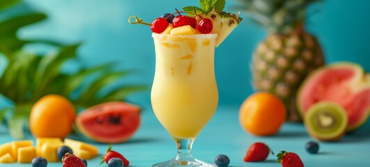 Wall Mural - Piña Colada,yellow-blue background, summer fruits scattered around