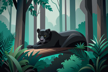 A Black Panther Is Laying On A Log In A Forest