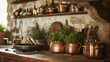 A close-up photograph of a rustic French farmhouse kitchen, with copper cookware, fresh herbs, and homemade preserves, depicting the authenticity of French rural culinary traditions